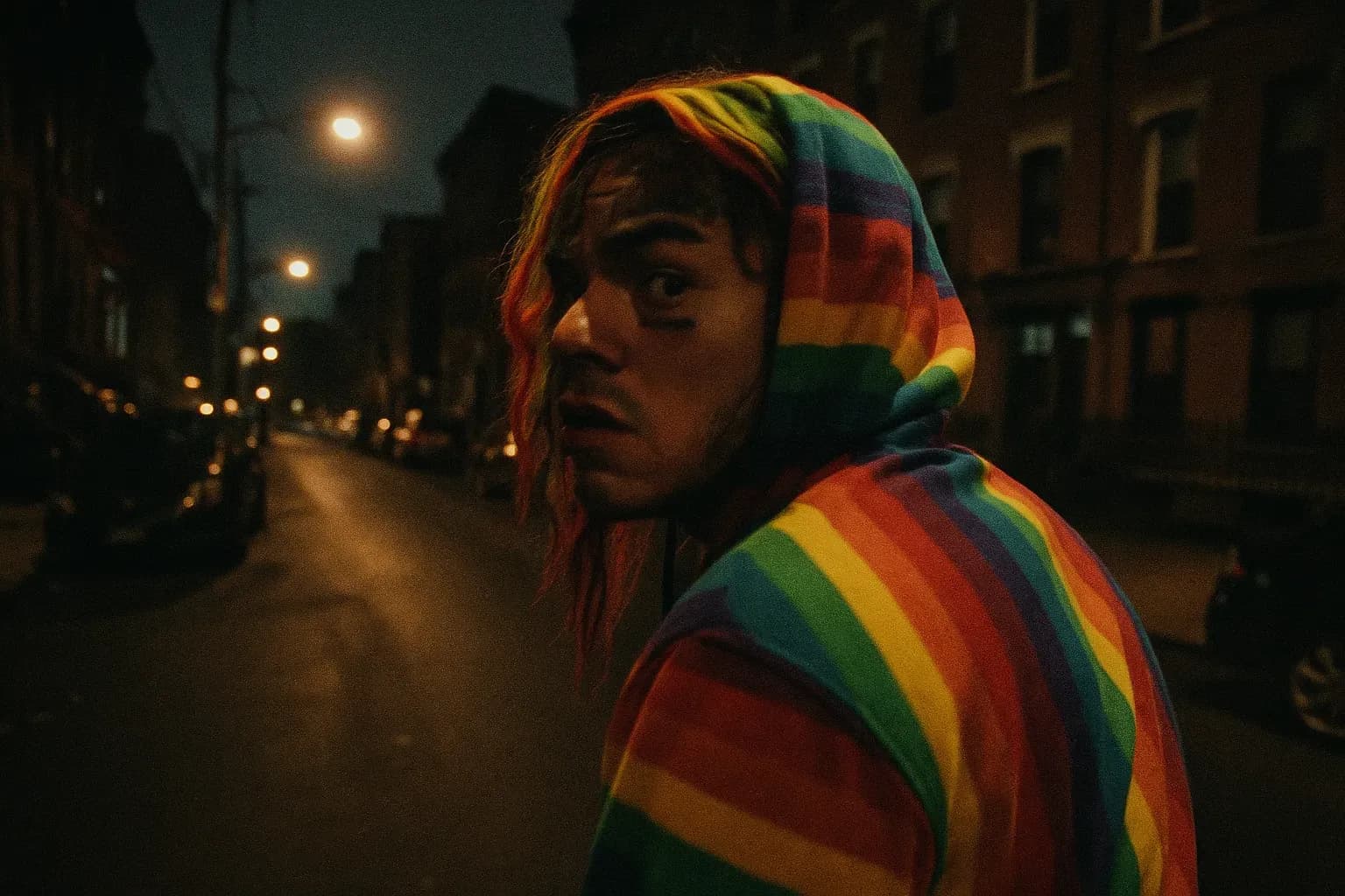 En skikkelse, der ligner Daniel '6ix9ine' Hernandez, står på en svagt oplyst gade i Brooklyn og kigger over skulderen med et anspændt udtryk, hans ansigt delvist skjult af en regnbuefarvet hættetrøje.
