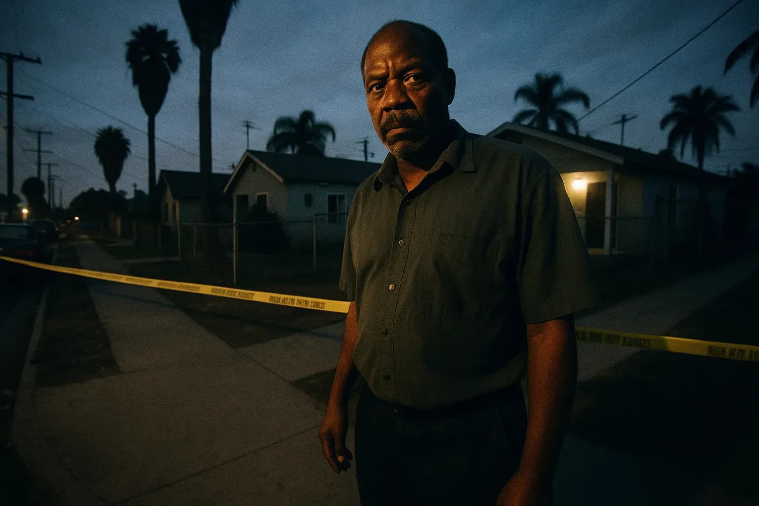 En skikkelse, der ligner Lonnie Franklin Jr., står i et beskedent nabolag i det sydlige Los Angeles, nær en afspærret gerningssted, og indfanger den mørke historie om seriemordene begået af 'Grim Sleeper'.