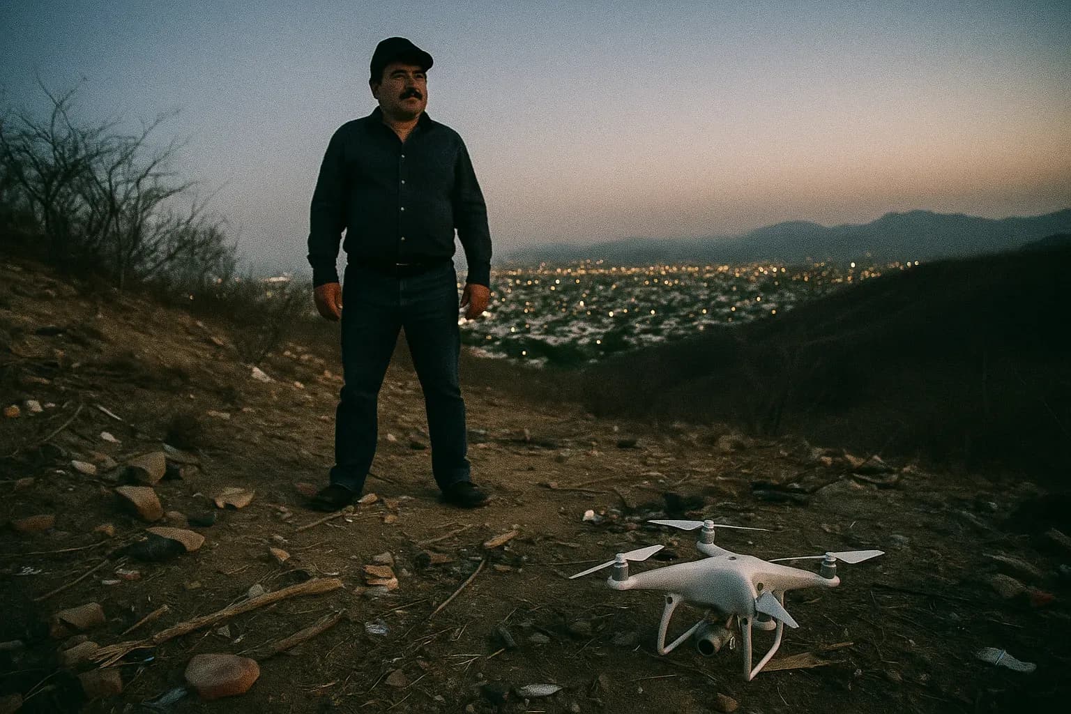 En skikkelse, der ligner El Chapo, står på en nøgen bakke i Culiacán, omgivet af spredt affald og resterne af en opgivet drone, der symboliserer Sinaloa-kartellets teknologiske rækkevidde og vedvarende indflydelse.