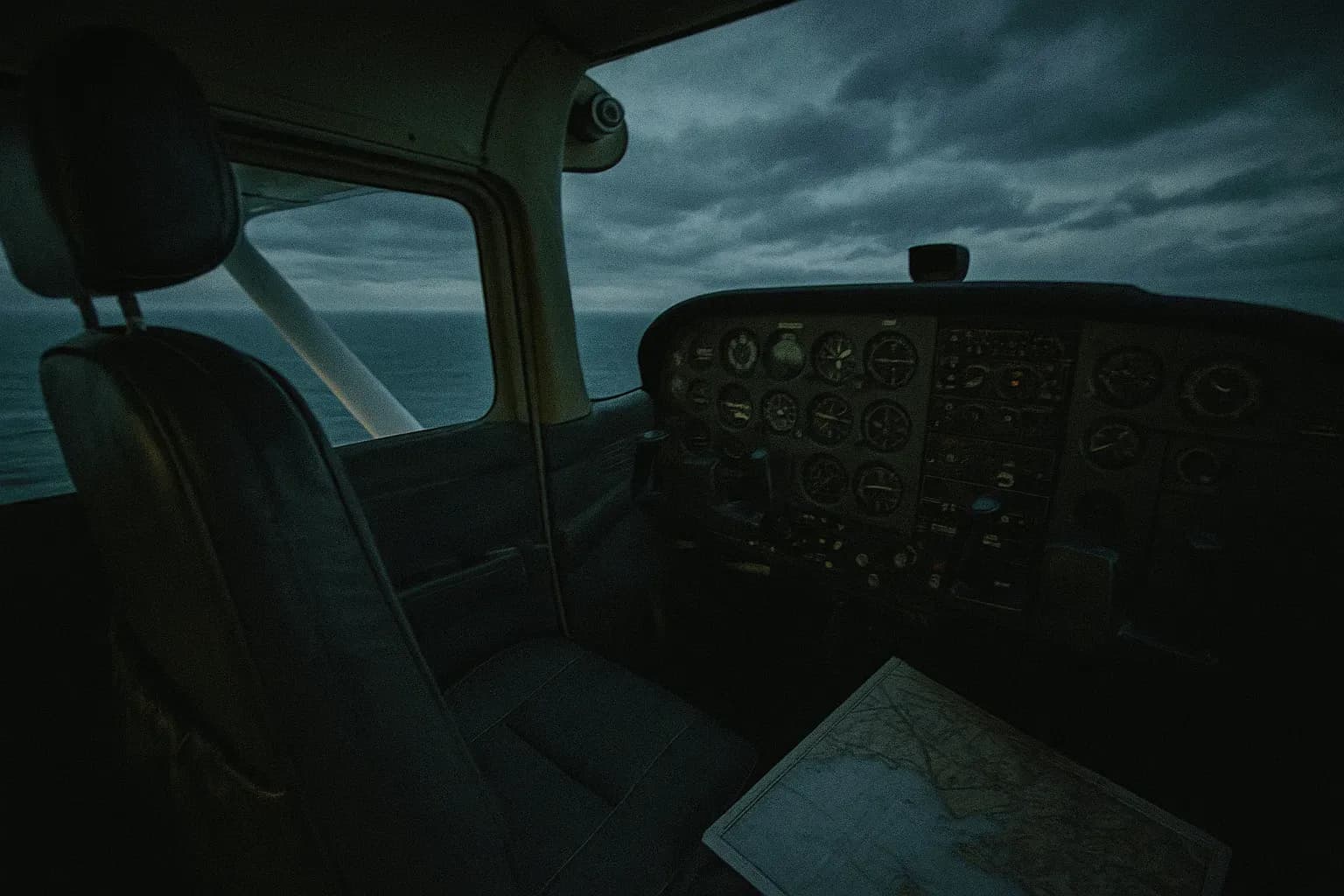 En ensom Cessna-flycockpit med et tomt pilotsæde, flyets forrude, der viser himlen over Bass Strait, et luftnavigeringskort delvist synligt, symboliserende den mystiske forsvinden af Frederick Valentich i 1978.