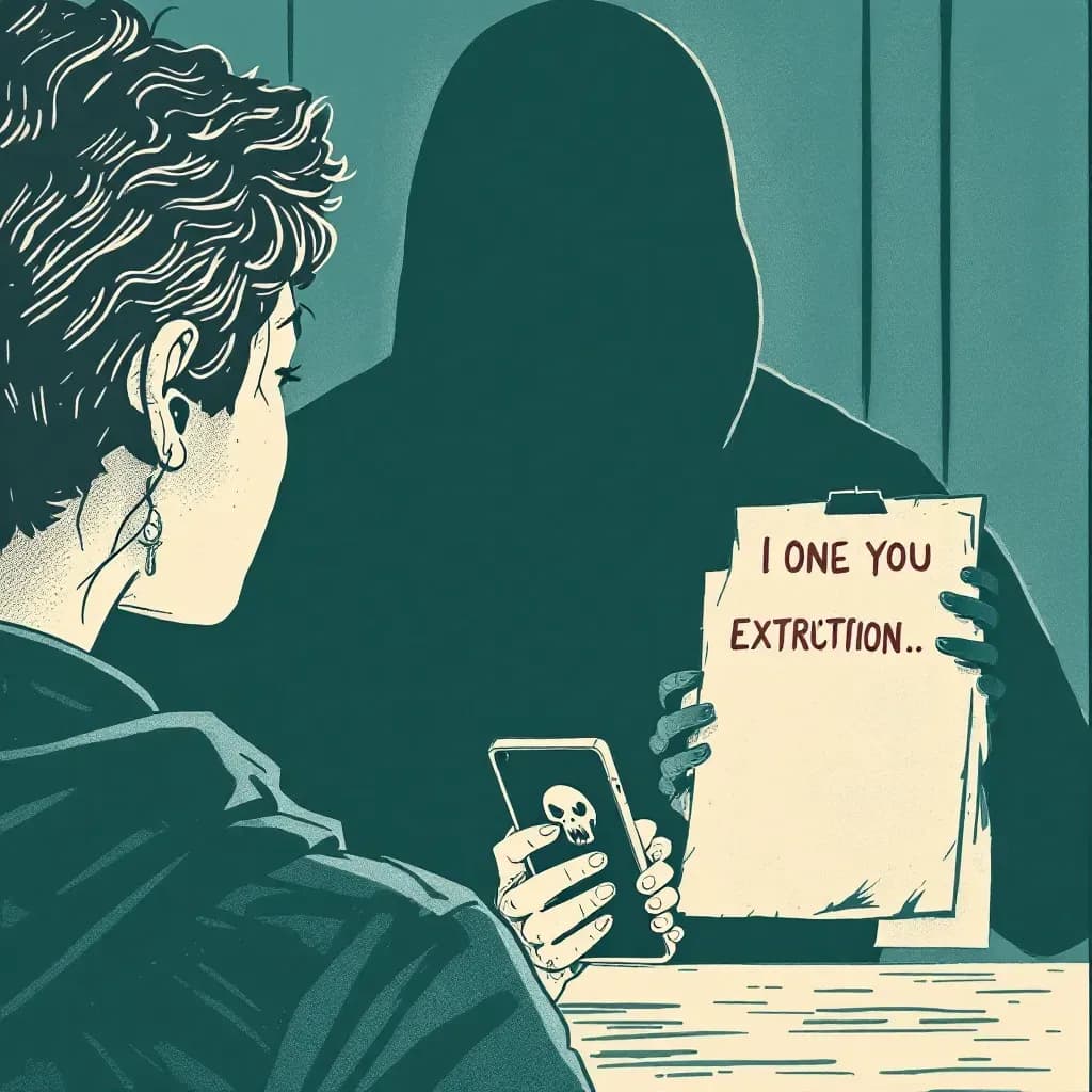 A person receiving a threatening message on a phone, symbolizing digital extortion, with a shadowy figure in the background holding compromising images, illustrating fear and vulnerability.