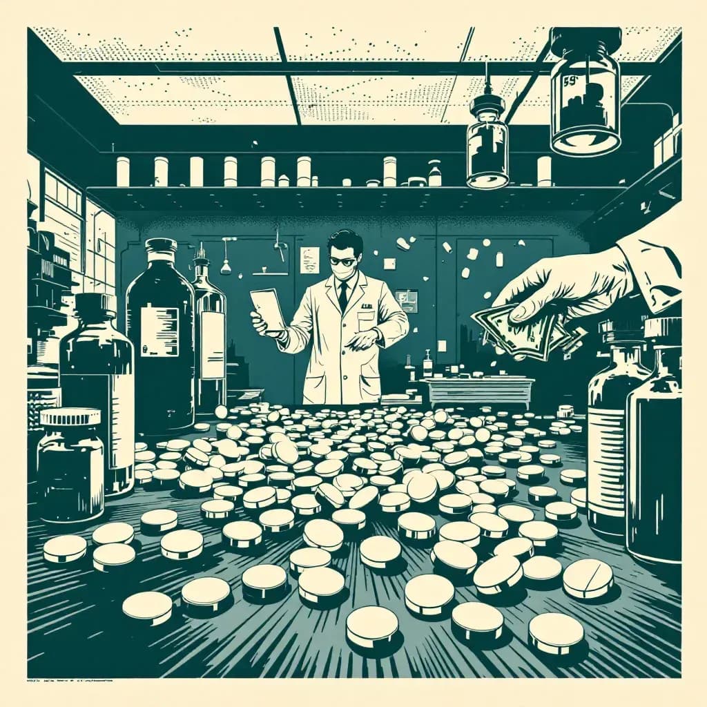 Opioid pills scattered amidst a counterfeit medicine lab, with lab equipment and money exchanging hands, symbolizing fraud and the deadly impact of greed in the pharmaceutical industry.