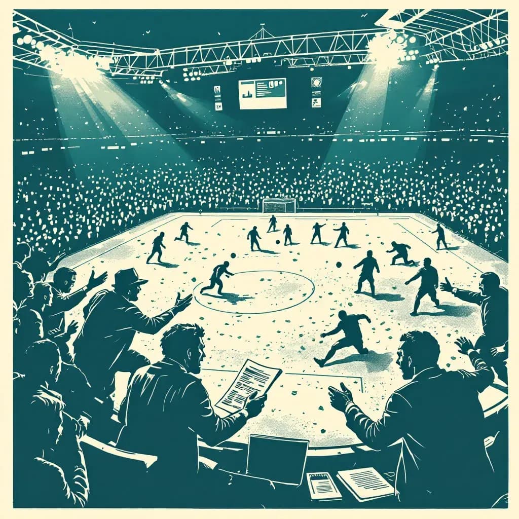 A football stadium scene with intense hooligan violence, shadowy figures exchanging money representing match-fixing, and documents or computers indicating multi-million fraud investigations.