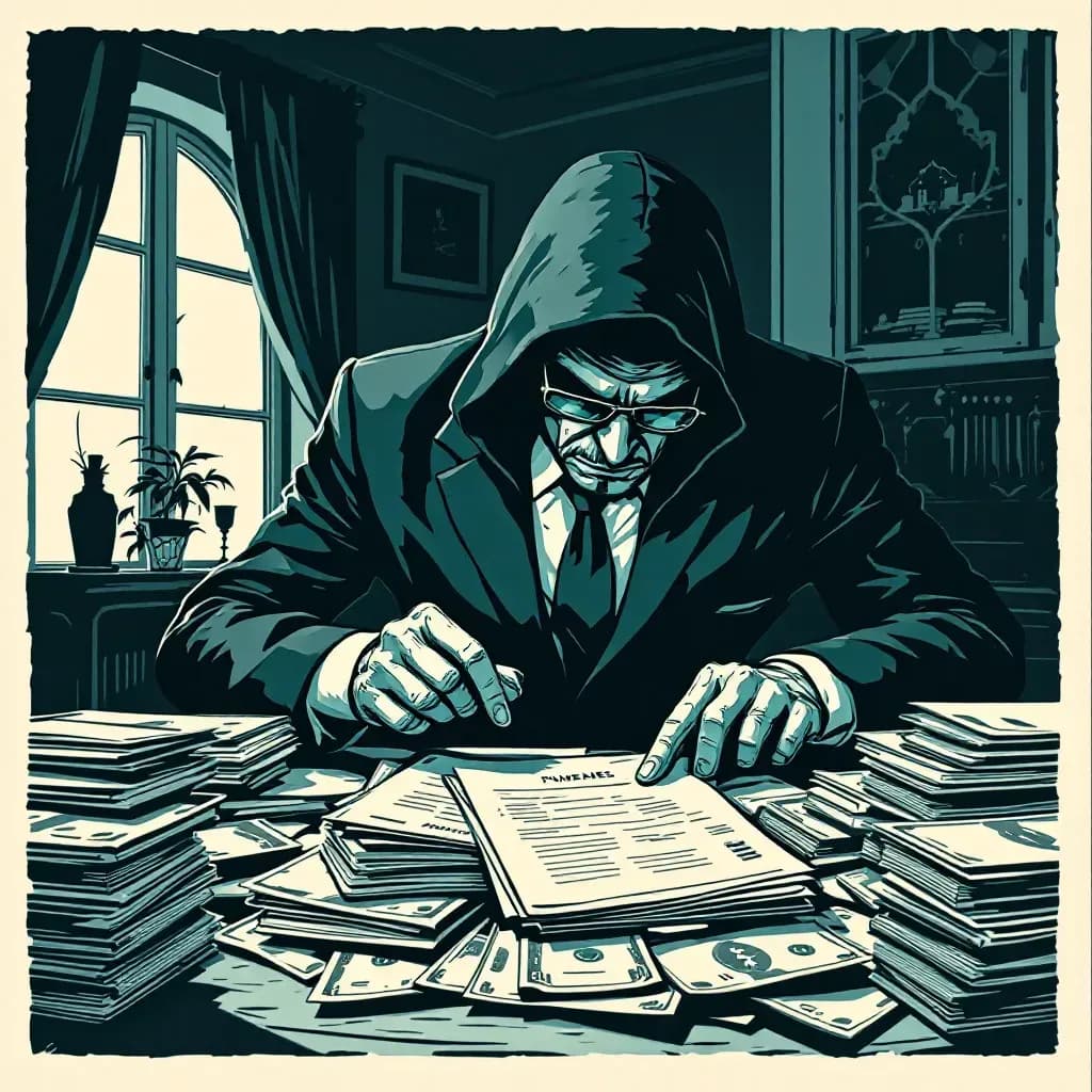 A real estate agent secretly manipulating property documents, surrounded by stacks of cash and fraudulent paperwork, in the interior of a luxury home, symbolizing fraud and money laundering.