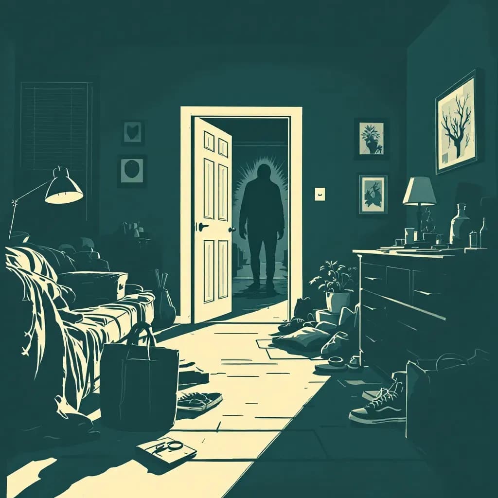 A somber, quiet suburban home interior showing personal belongings left untouched, with an ominous silhouette of a figure in the doorway, hinting at a tragic familicide event.