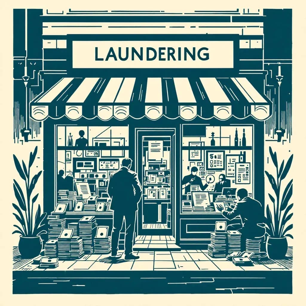 A business storefront serves as a facade for money laundering, with stacks of cash, hidden ledgers, and false documents, while behind it, figures engage in secretive exchanges and suspicious activities.