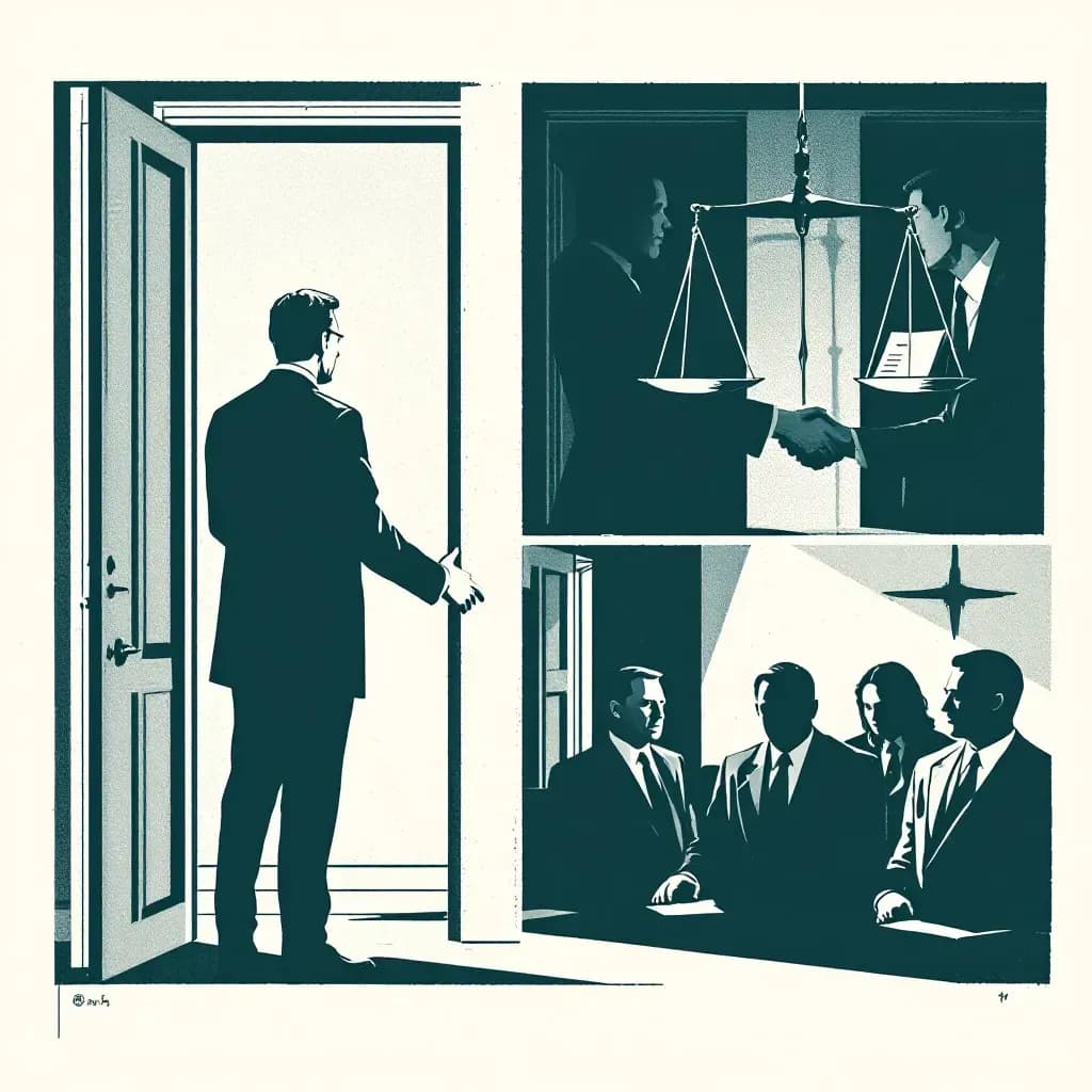 A figure shaking hands with a shadowy politician behind closed doors, a scale of justice tipping under weighty documents, blurred silhouettes of officials engaged in secretive discussion.