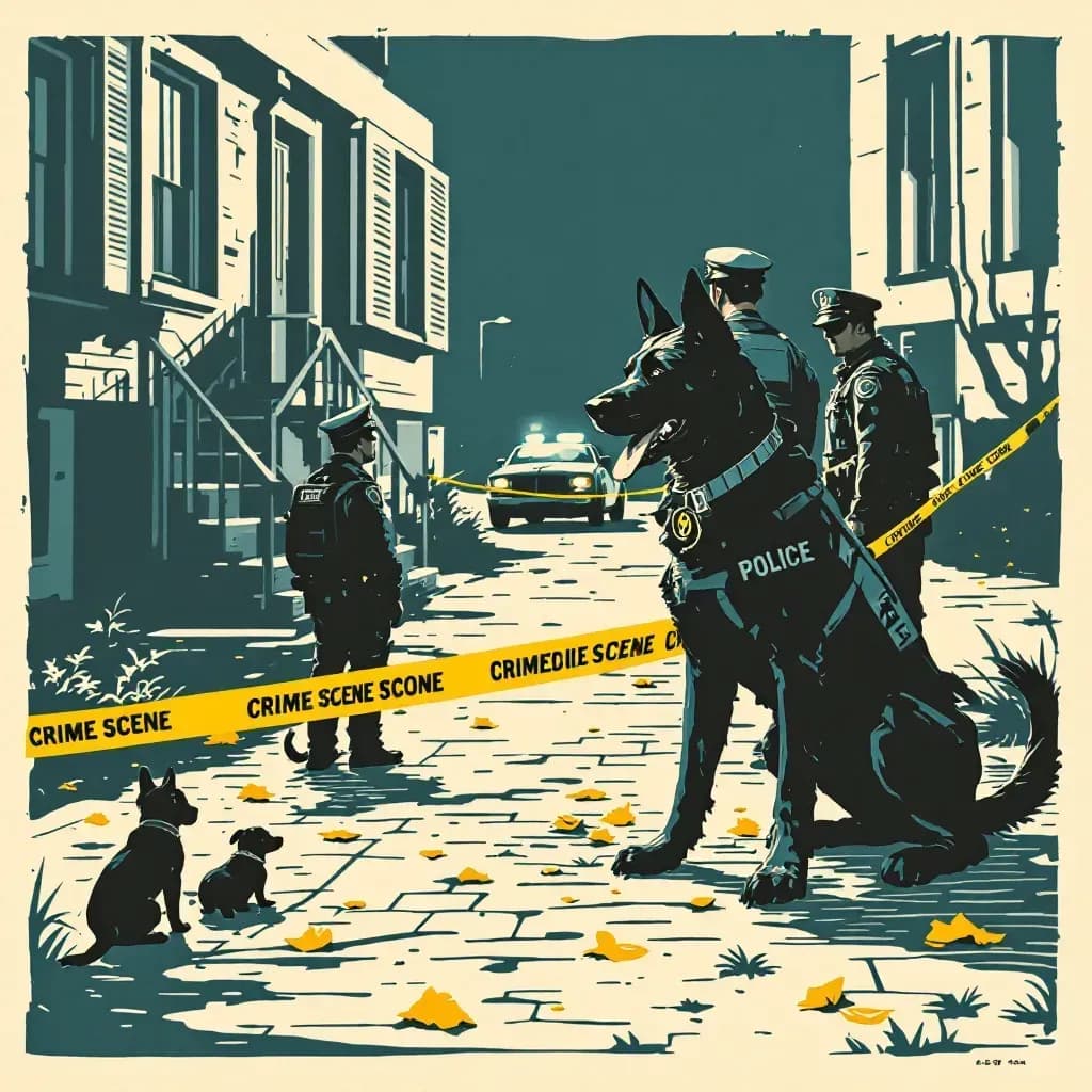 Police K9 units in action, sniffing for evidence at a crime scene, surrounded by crime scene tape, while ordinary dogs observe, embodying their multifaceted roles in true crime investigations.