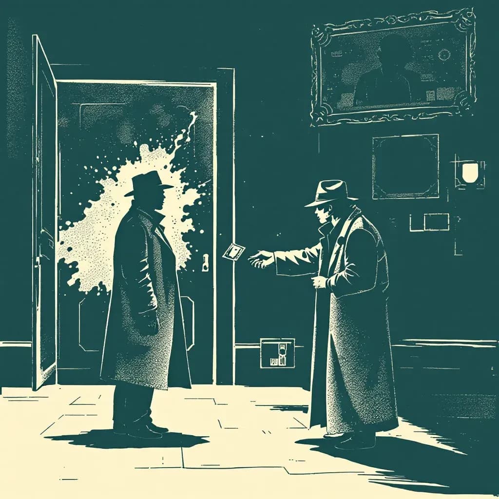 A shadowy figure in a dimly lit room exchanging money and a photo with a person in a trench coat, symbolizing a contract killing deal.