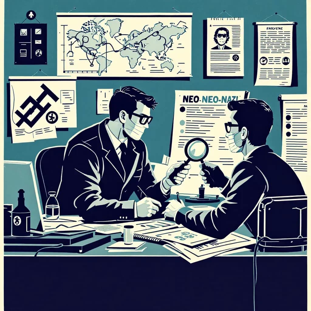 The scene depicts an investigator studying evidence in an office setting, focusing on maps and neo-Nazi propaganda materials, with symbolic elements like a magnifying glass and a profile board showing connections between suspects.