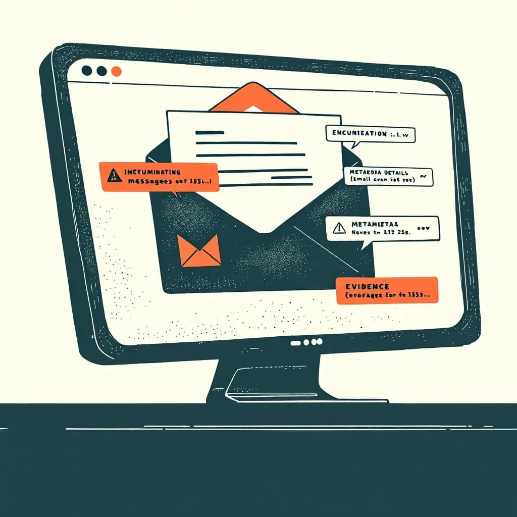 A computer screen displaying an email interface, with highlighted sections showing incriminating messages, metadata details, and evidence storage, symbolizing the dual role of emails in criminal activity and investigation.