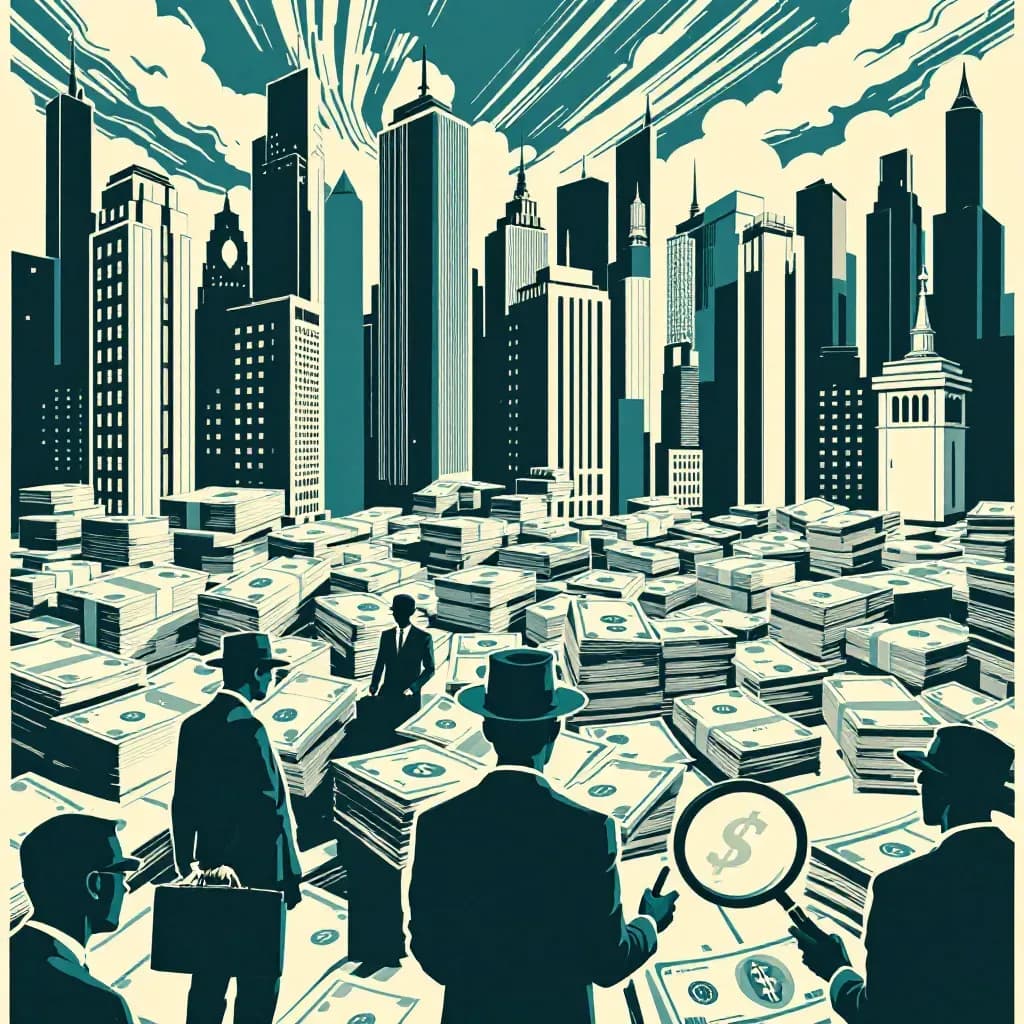 A city skyline with skyscrapers, stacks of money transforming into clean, legitimate-looking assets, shadowy figures exchanging briefcases, and magnifying glasses hovering over bank statements representing investigation.