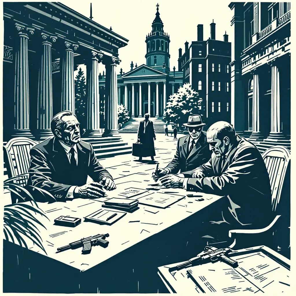 Scene depicting a political figure targeted by an assassin, featuring a clandestine meeting involving exchange of documents, with hidden weapons nearby, set against a backdrop of official buildings and a tense, watchful atmosphere.