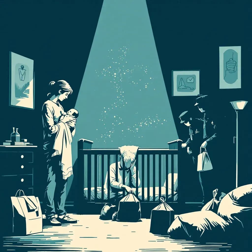 A grieving parent holding a baby blanket, police detectives with evidence bags nearby, and investigators examining a crib in a dimly lit room.