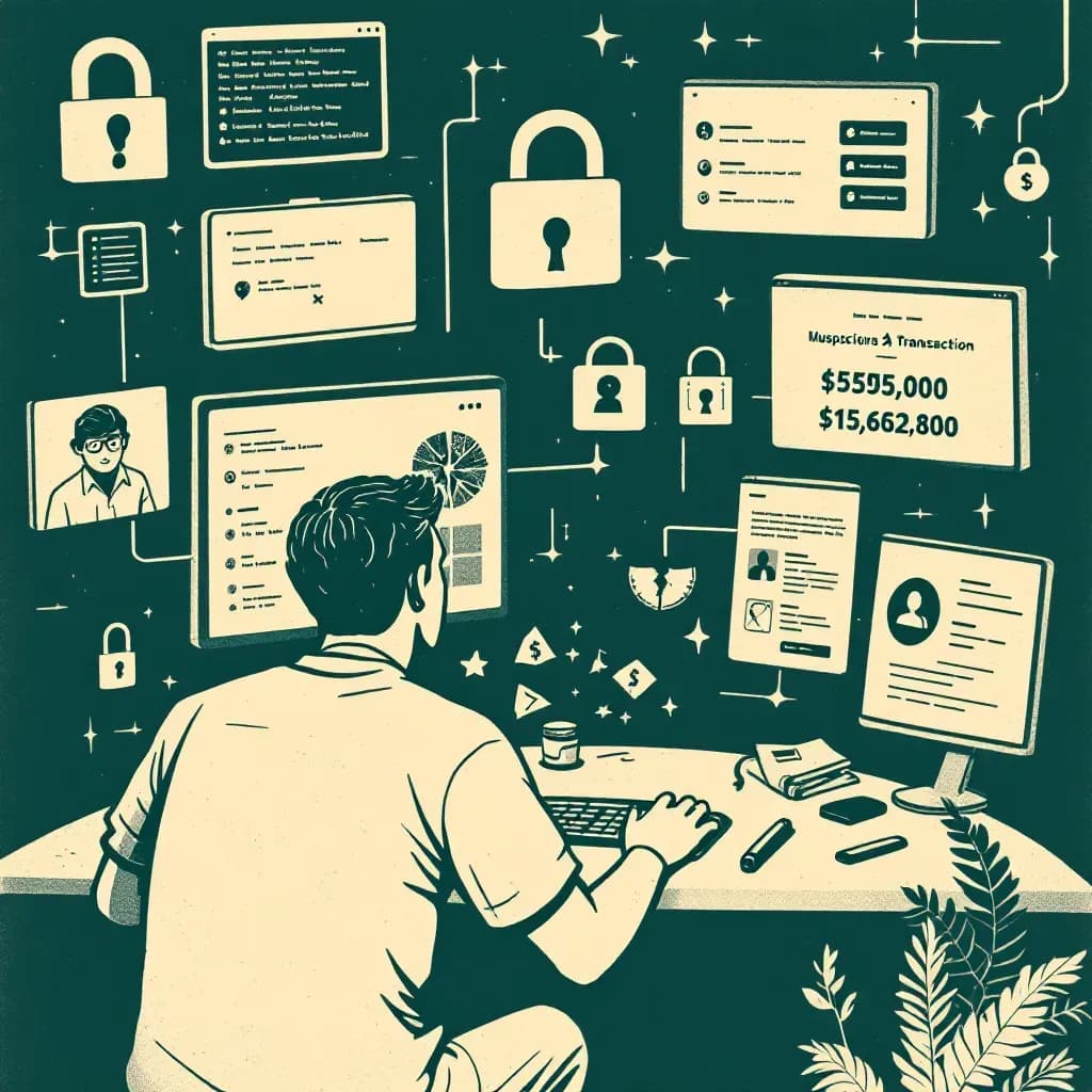 A person sitting at a computer, surrounded by screens displaying suspicious transactions, symbolic representations of broken trust, such as a shattered lock, and digital manipulation, like lines of encrypted code.