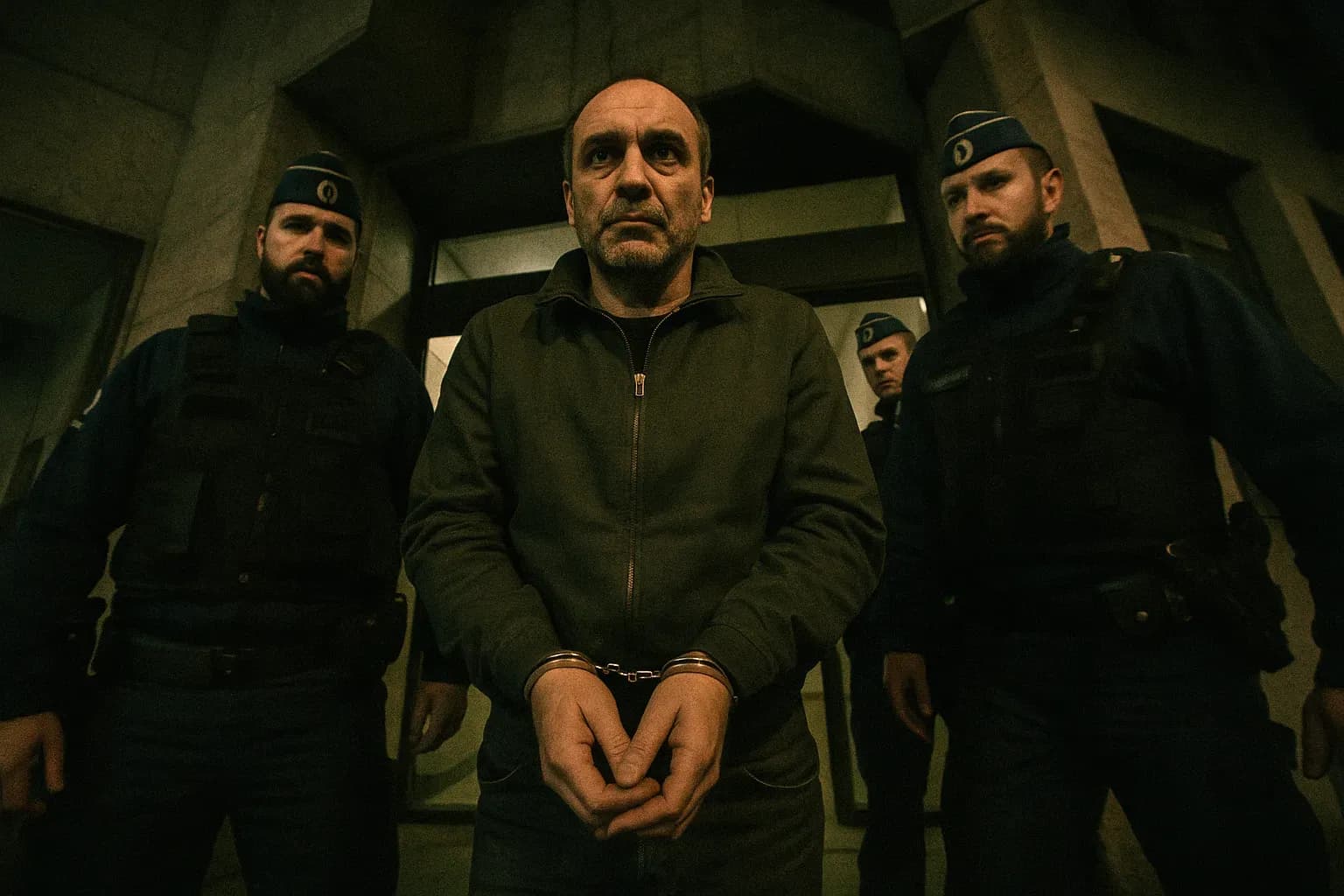 En person, der ligner Antonio Ferrara, står i håndjern uden for en belgisk politistation, flankeret af betjente.