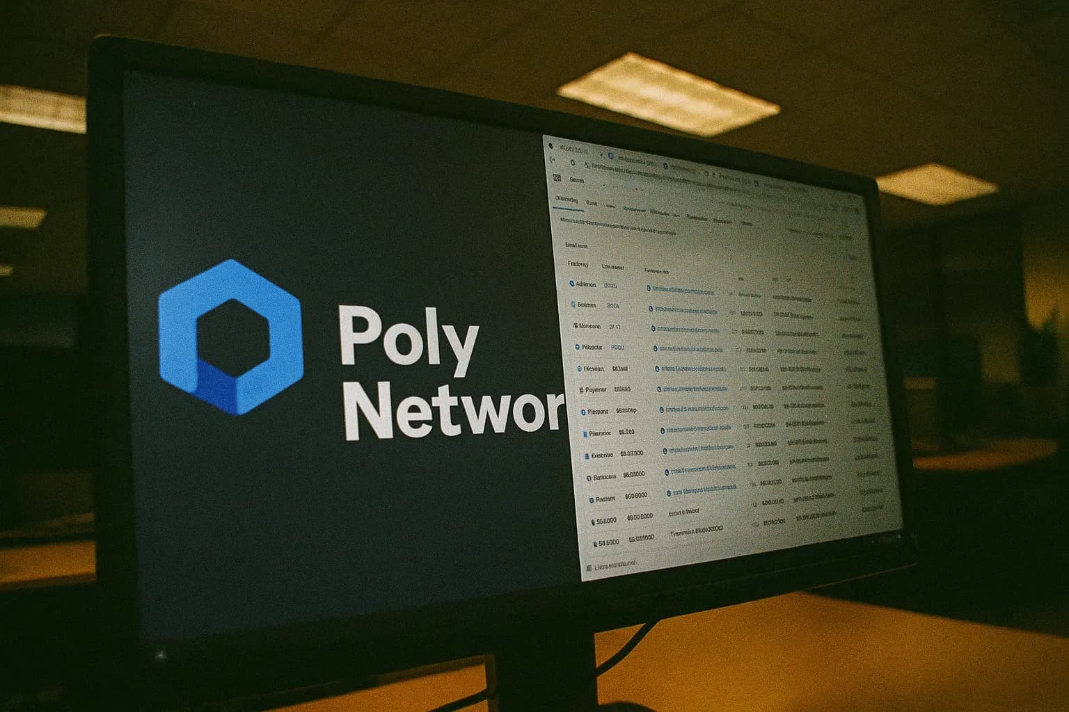 En computerskærm viser Poly Network-logoet i et kontormiljø, med flere åbne browsertabs, der viser kryptovalutatransaktioner, der beskriver tilbageleveringen af 600 millioner dollars.
