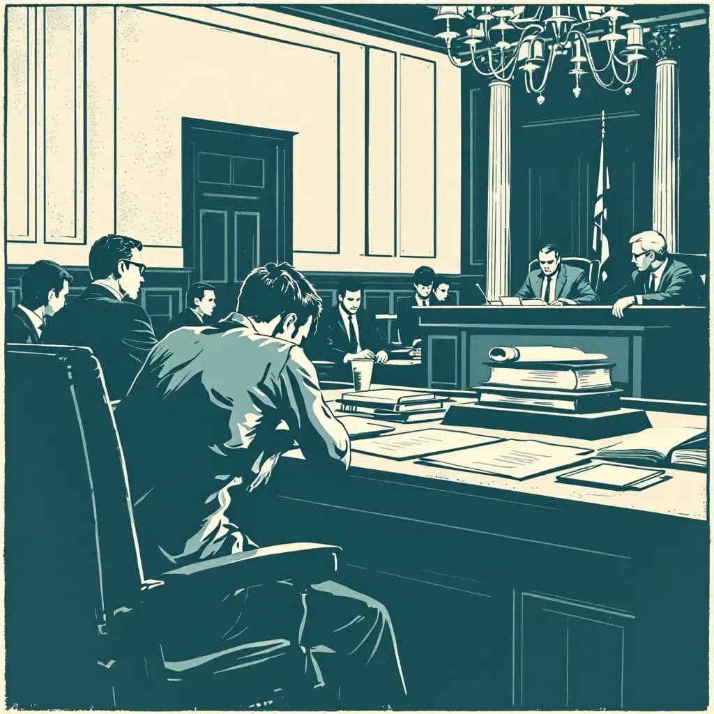 An imagined courtroom with a defendant displaying signs of depression, such as a slouched posture, surrounded by legal documents, investigators discussing evidence, and a judge considering the psychological state’s influence on the case.