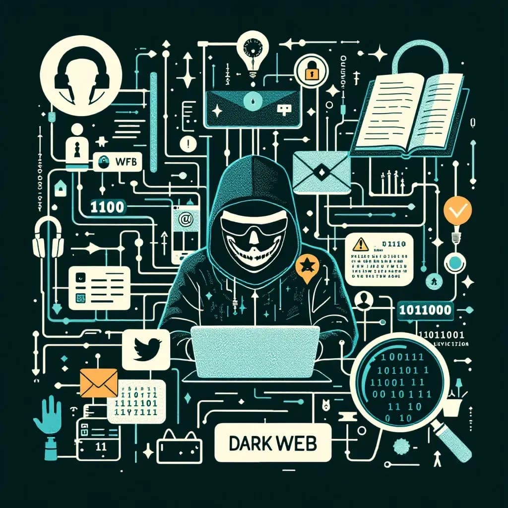 A digital montage depicting the Dark Web's anonymous network with symbols of cybercrime like a hacker at a computer, encrypted data streams, and a magnifying glass over binary code representing investigative efforts.