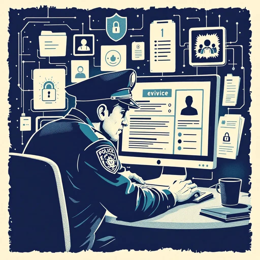 A police investigator analyzing a computer screen filled with blurred images, digital privacy symbols, and evidence folders, portraying the challenge of tracking perpetrators of digital violations.