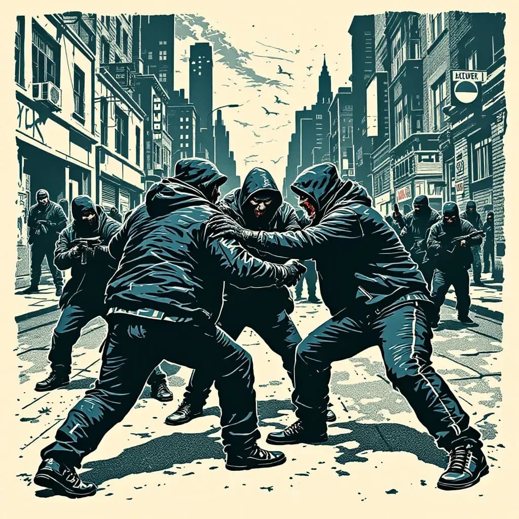 A tense urban scene depicting rival gang members engaged in a violent street confrontation, displaying strategic positioning and weapons, with a backdrop of a cityscape marked by tension and underworld symbols.