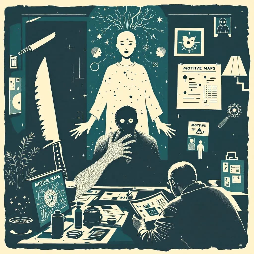 An individual taking vengeful action, surrounded by symbols of crime like a knife and stalking imagery, with an investigator analyzing motive maps and charts in a dimly lit scene.