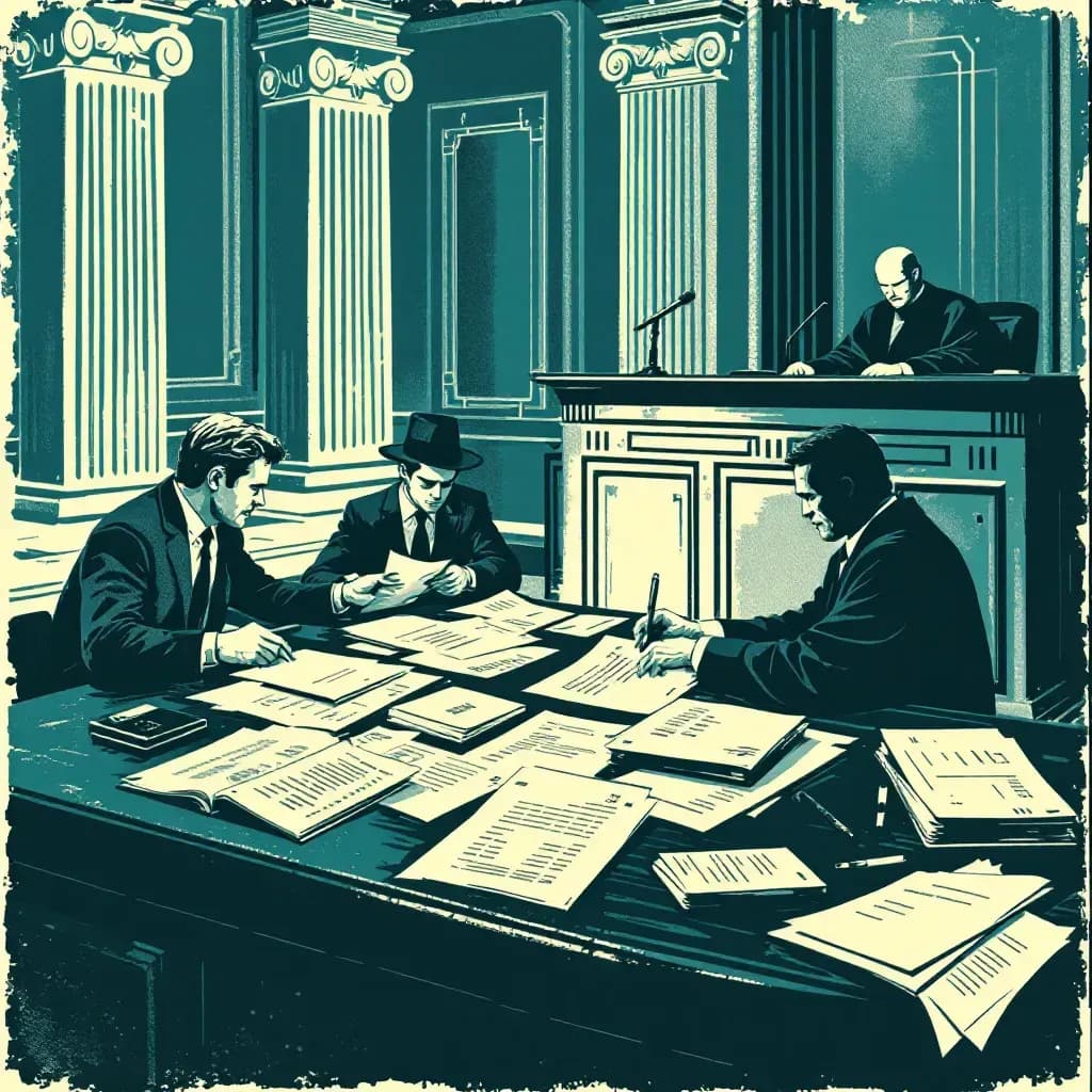 A courtroom scene with financial documents scattered on a table, a shadowy figure flipping through a ledger, investigators examining records, and a judge overseeing the proceedings, symbolizing diverse forms of bankruptcy-related fraud.