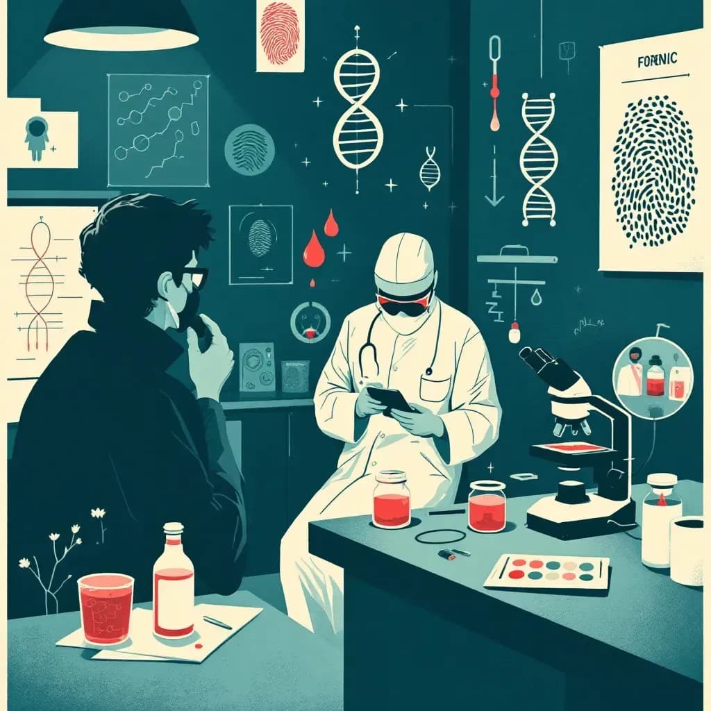 Blood, saliva, and hair samples being analyzed in a forensic lab, with diagrams of DNA strands and scientists examining evidence under a microscope, symbolizing the process of genetic fingerprinting in crime solving.