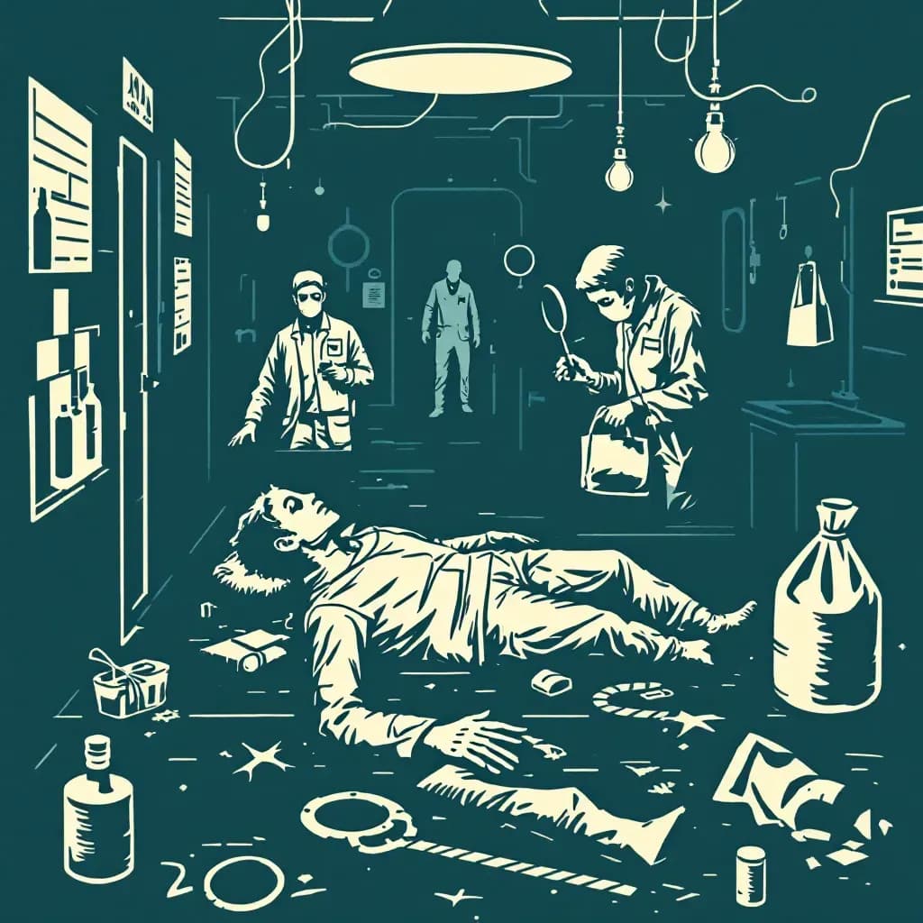 A crime scene investigation focusing on corpses as the central elements, involving forensic investigators with tools like magnifying glasses and evidence bags, against a backdrop of a crime lab or morgue setting.
