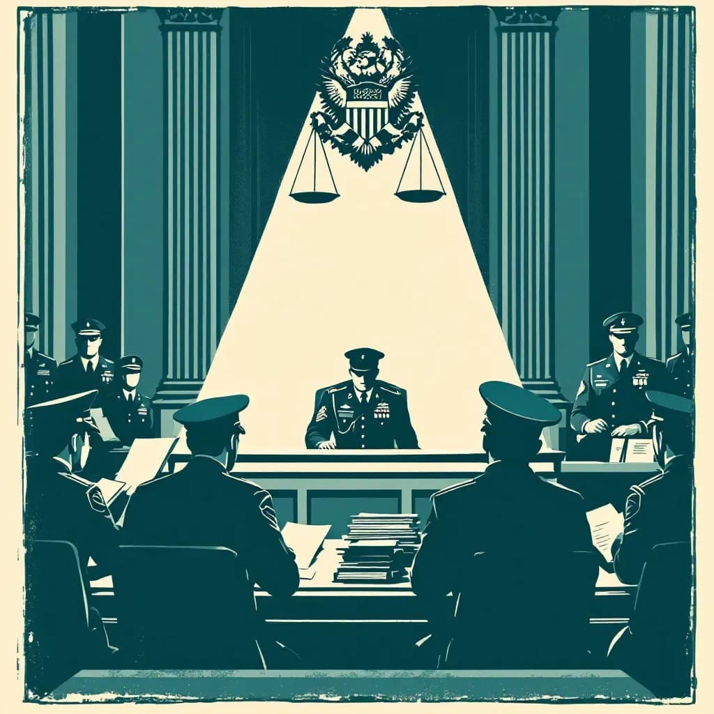 A military courtroom setting with a soldier in uniform on trial, surrounded by officers and legal documents, under an imposing emblem of justice, symbolizing the closed and complex nature of military crime investigations.