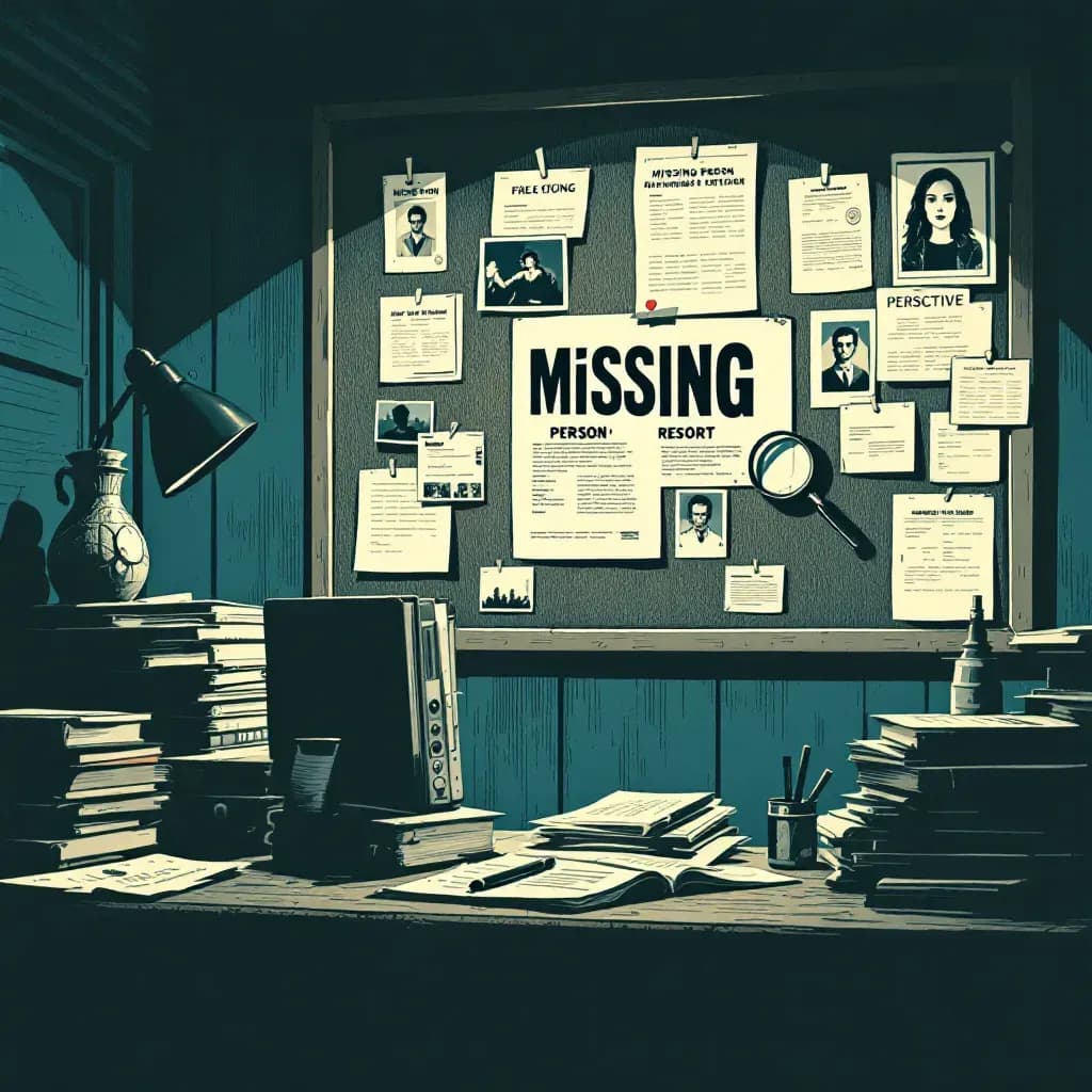 A dimly lit detective's office with stacks of case files, a corkboard covered in photographs and newspaper clippings, a magnifying glass highlighting a missing person's report.