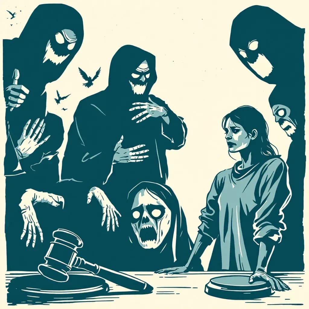A tense scene depicting a victim in the foreground, showing signs of distress, with shadowy figures looming in the background symbolizing various forms of abuse; a gavel rests nearby, indicating justice.