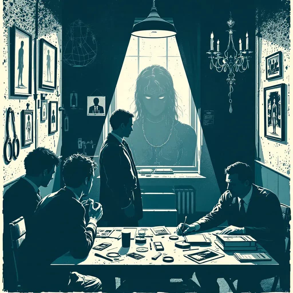 A dimly lit room with interrogation tools like handcuffs and restraints, shadowy figures representing psychological manipulation, an investigator examining photos, and a table with scattered evidence highlighting the quest for justice.