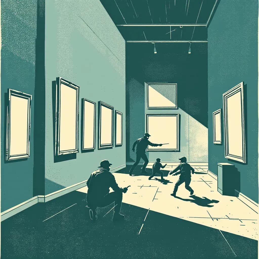 A museum interior with empty picture frames hanging on the walls and shadows lurking; burglars in the act of stealing priceless artworks, emphasizing the vulnerability of cultural heritage.
