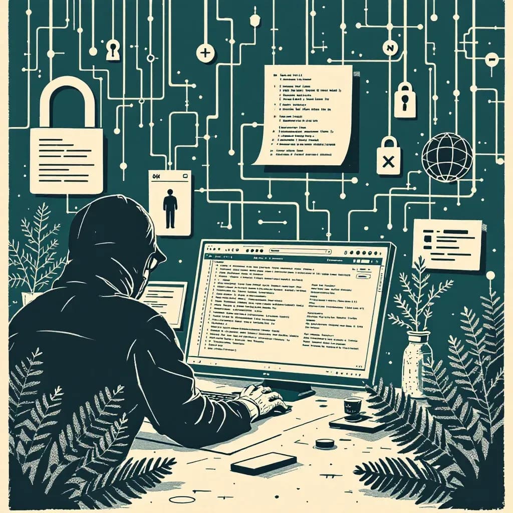 A digital scene depicting a hacker accessing sensitive data by cracking passwords on a computer, with abstract representations of cybercrime such as interconnected network nodes and binary code, and law enforcement analyzing digital evidence.