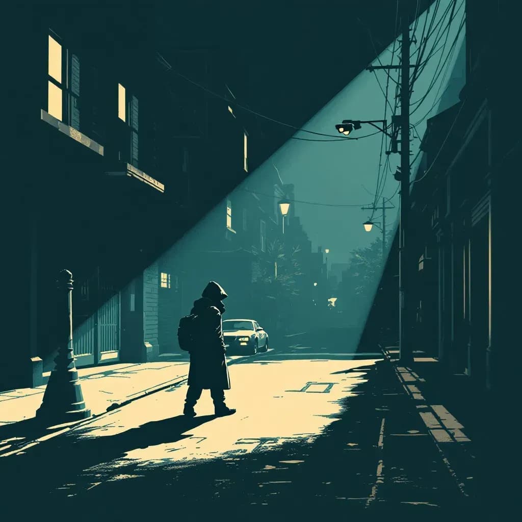 A camera lens on a dark street captures footage of a suspect secretly, symbolic of surveillance used both as police evidence and by criminals for stalking.