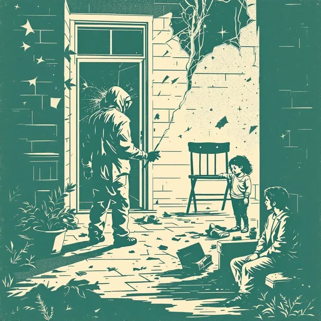 Depiction of a crime scene with forensic investigators examining evidence, a broken window indicating entry, a scattered chair, and a visible emotional aftermath showing a family in distress nearby.