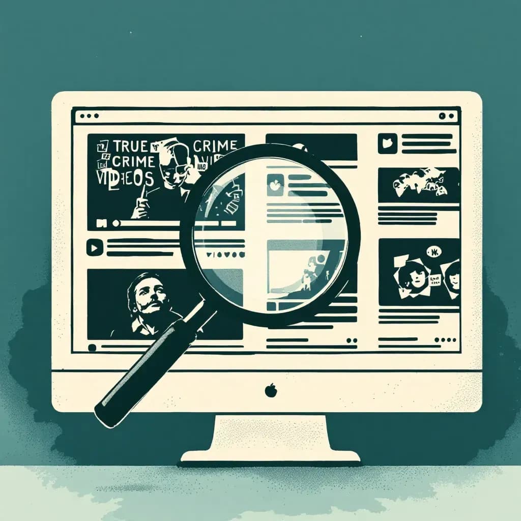 YouTube interface on a computer screen displaying true crime video thumbnails, with an overlay of a magnifying glass on a video, symbolizing investigation of digital evidence in criminal cases.