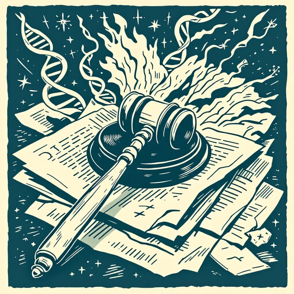 A courtroom gavel lying across a stack of legal documents, symbolizing justice; DNA strands emerging from the shadows, representing new evidence; a broken pair of scales indicating a miscarriage of justice.