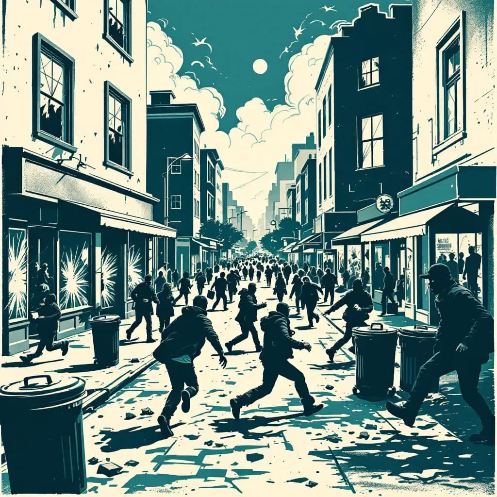 A city street scene with smashed windows and looted stores, groups of people running, some carrying stolen goods, amidst signs of chaos and destruction like overturned trash cans and scattered debris.