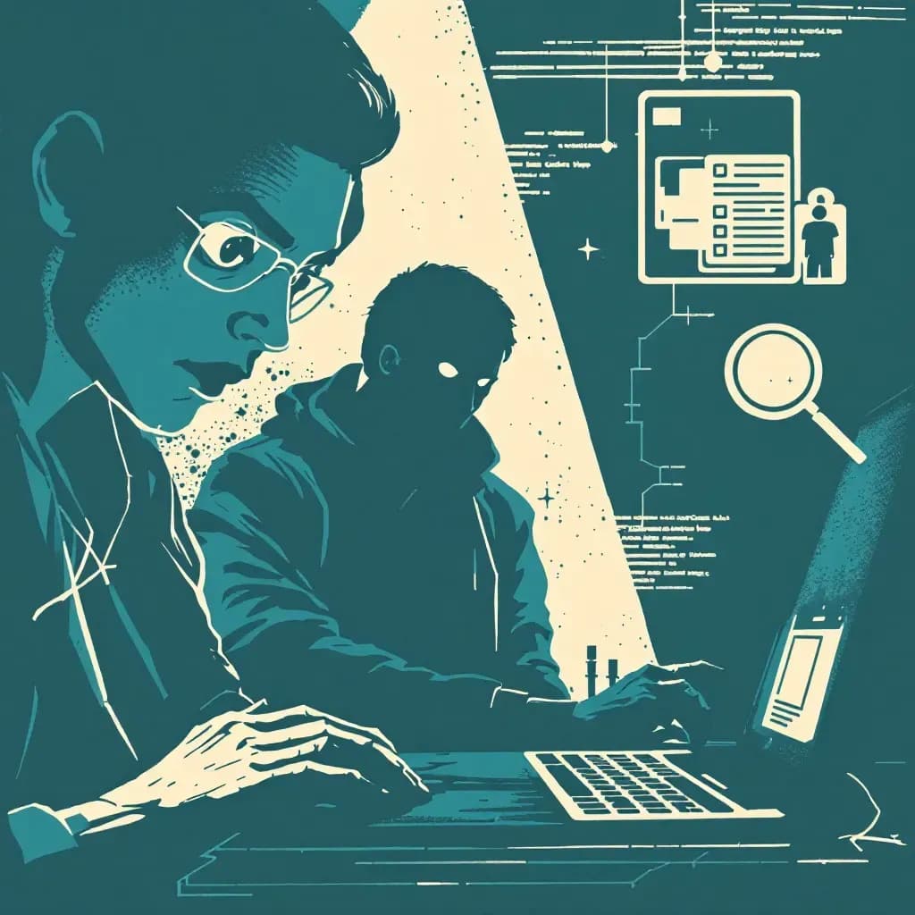 A figure lurking in the shadows watching a person unknowingly, digital devices showing surveillance, and a magnifying glass examining evidence representing stalking investigation.