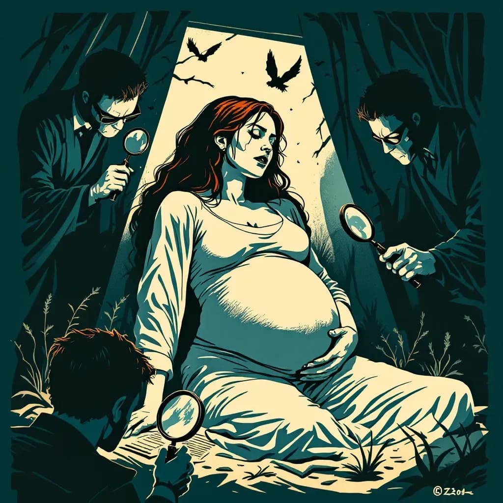 A pregnant woman in distress, surrounded by an ominous setting hinting at vulnerability and danger, while investigators examine evidence with magnifying glasses.