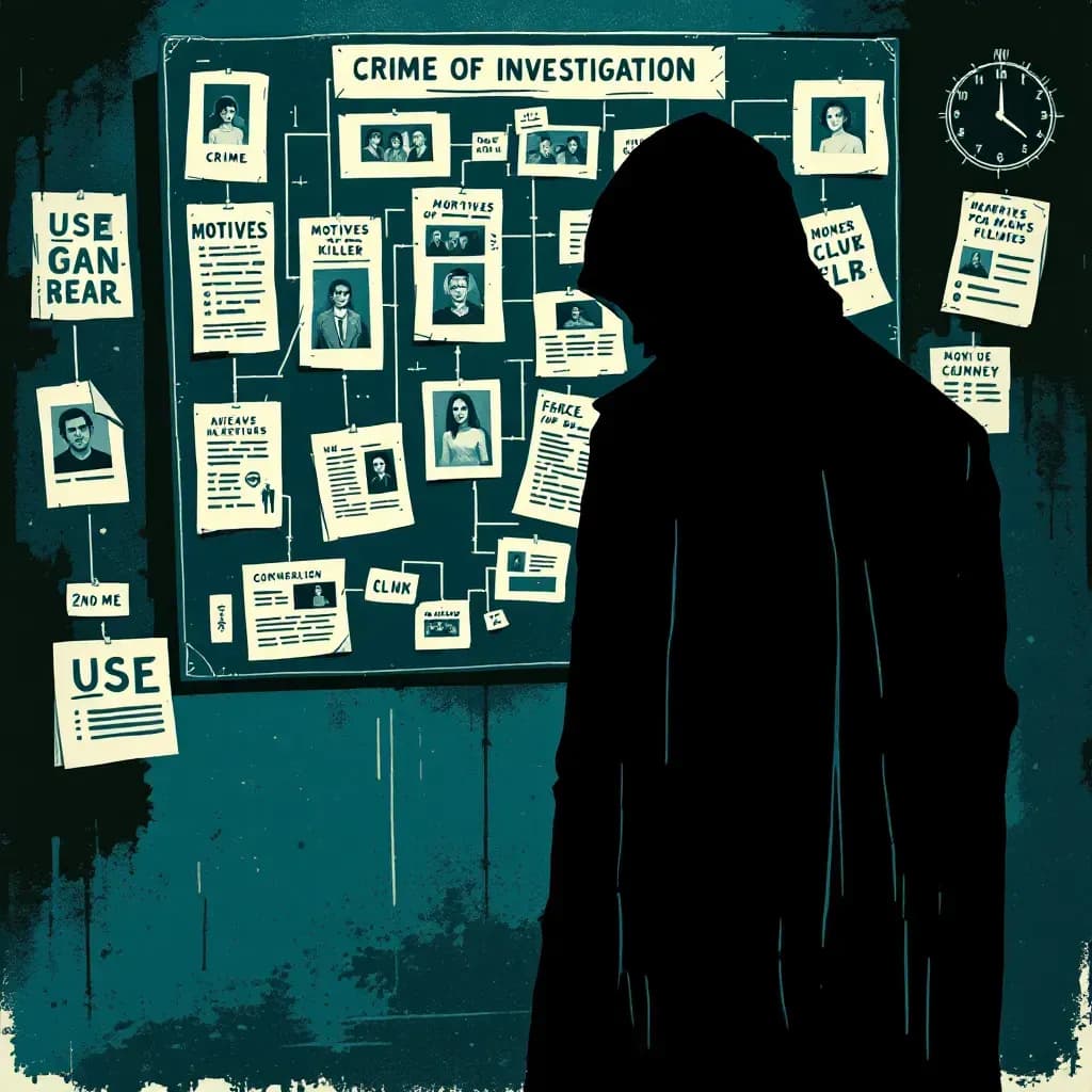 A dark scene showing a crime investigation board with connected photos and notes, representing the intricate motives and patterns of a serial killer, alongside a chilling silhouette to signify their elusive presence.